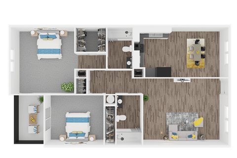 Floor plan for 2 beds, 2 baths, 1275 sqft